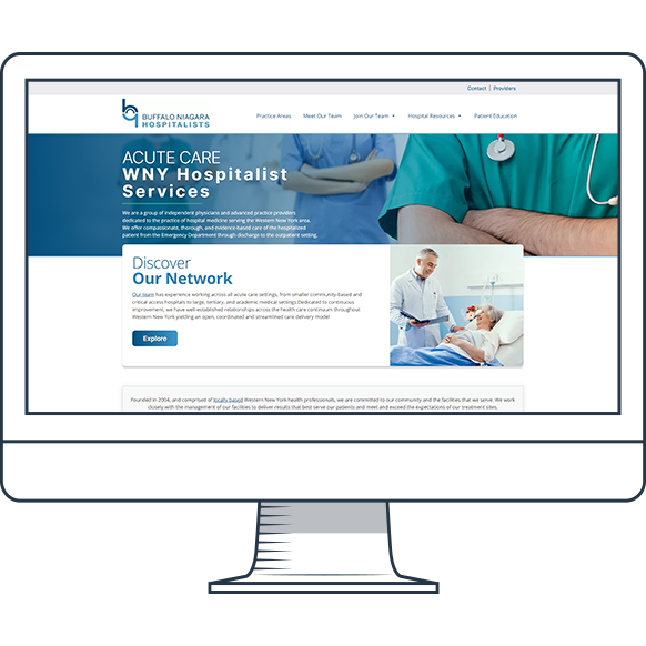 Buffalo Niagara Hospitalists website displayed on an illustrated monitor