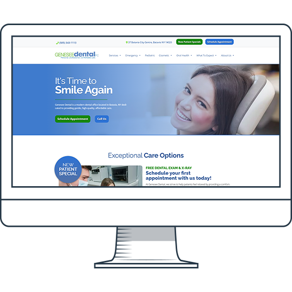 Genesee Dental website displayed on an illustrated monitor