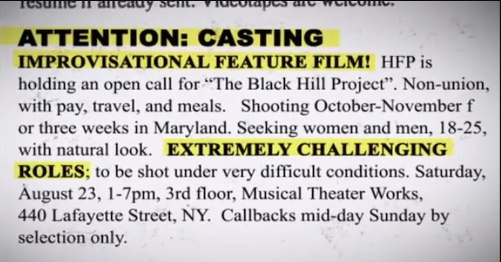 Attention: Casting Improvisational Film! Extremely challenging roles to be shot under very difficult conditions.