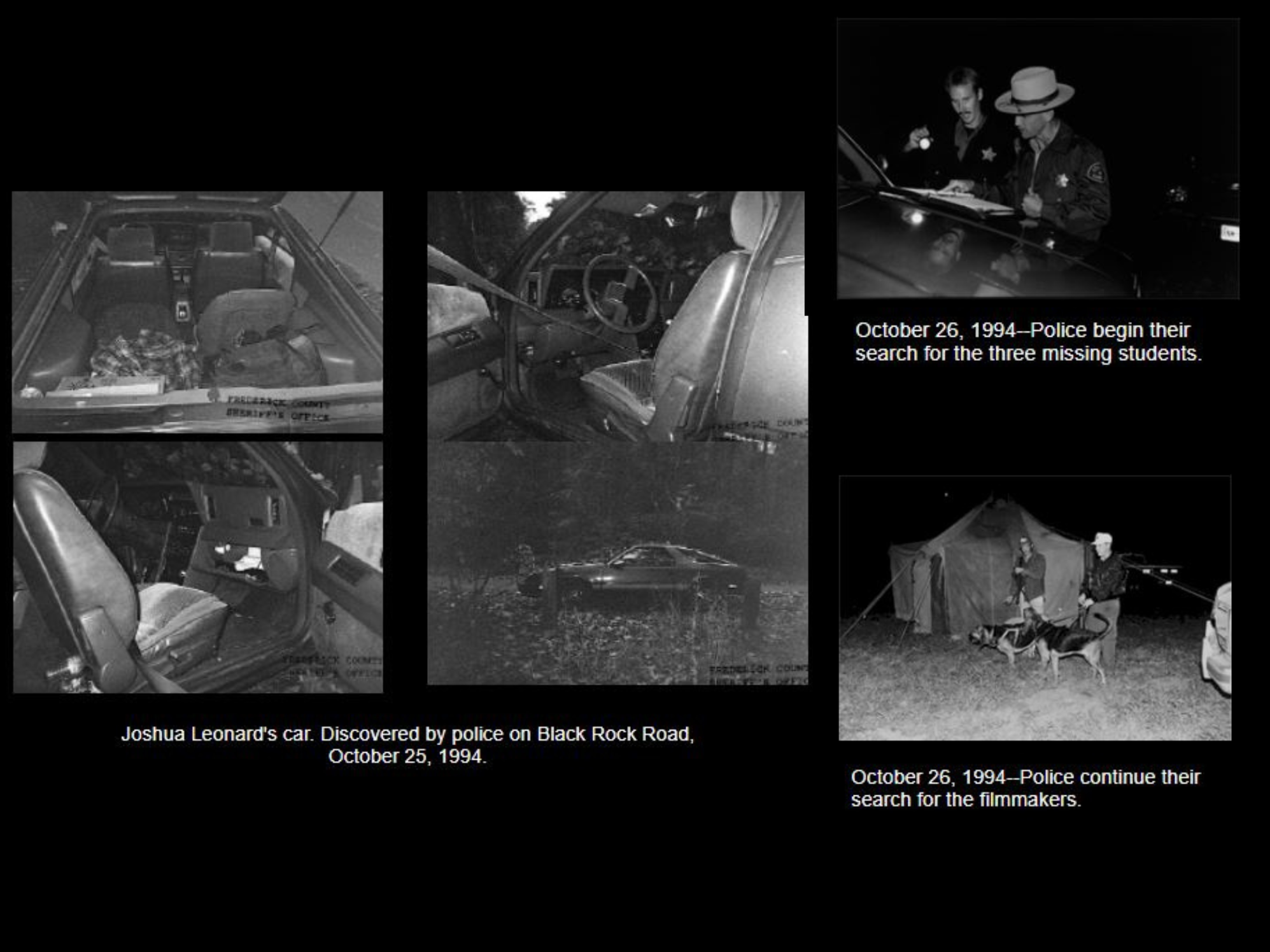 A collage of photos featuring Josh's car when it was discovered by police on Black Rock Road on October 25, 1994, as well as the police at the beginning of the search and during the search for the students the following day