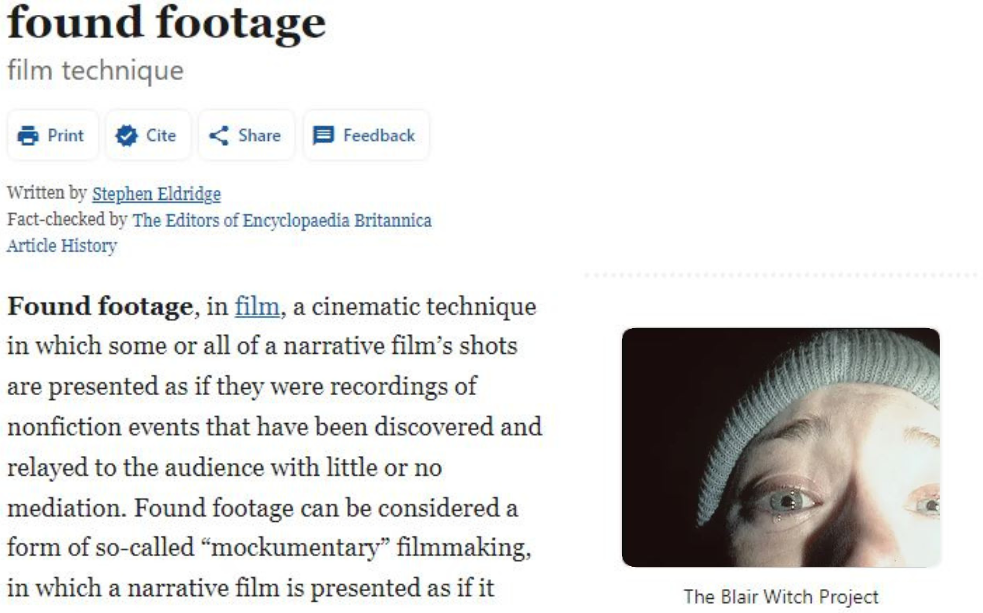 Found footage definition with the iconic image of Heather from The Blair Witch Project 