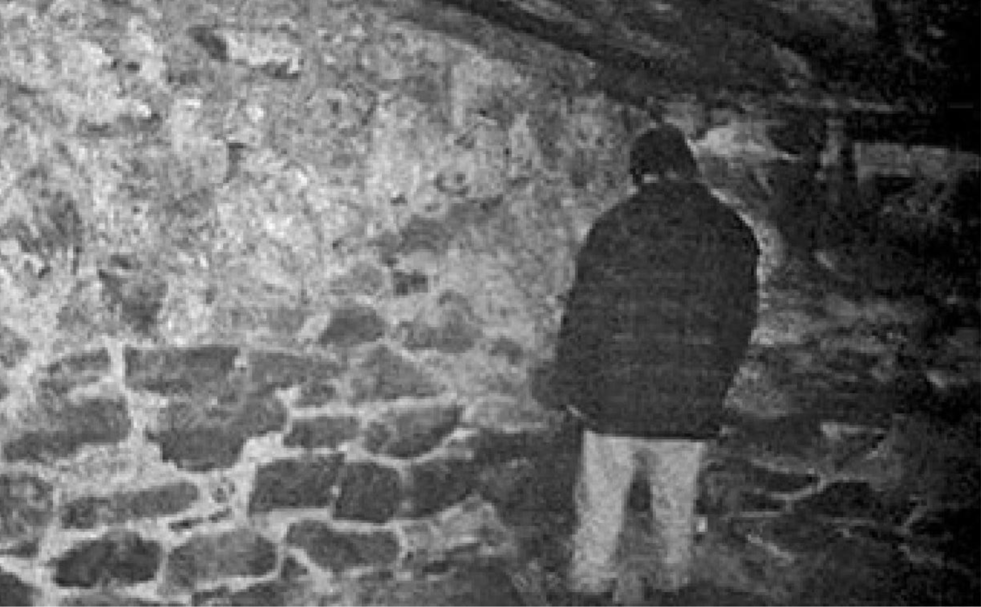 Mike standing in the corner of the room facing the stone wall