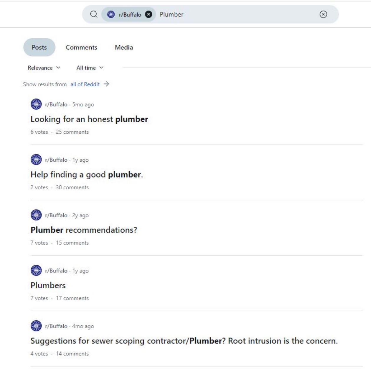 Search for a plumber in the r/Buffalo subreddit with several post results