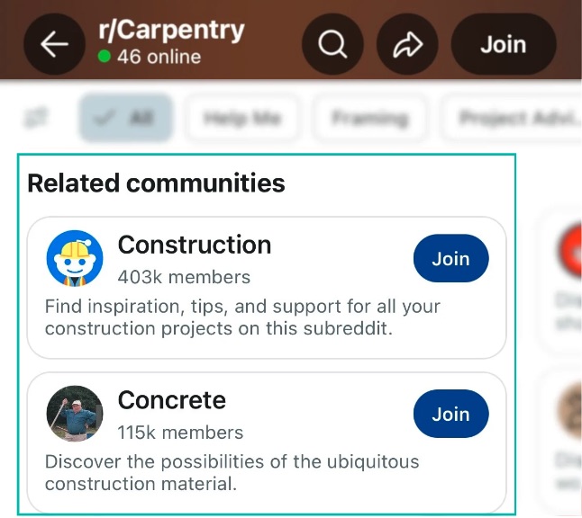 Related communities for r/Carpentry are construction and concrete.