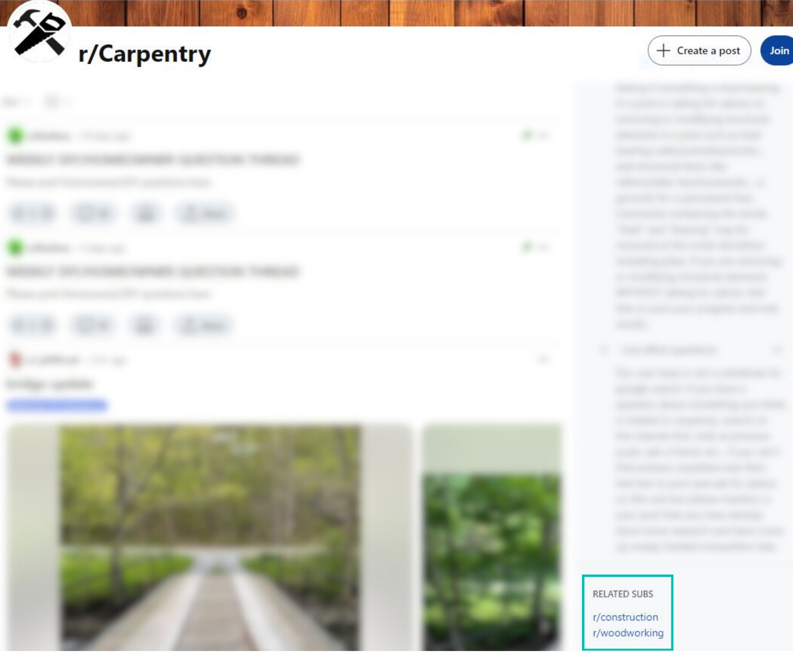 Related subs for r/Carpentry are r/Construction and r/WoodWorking