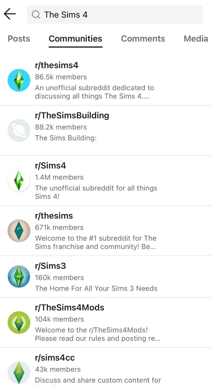 A search in Reddit for “The Sims 4” with several communities listed.