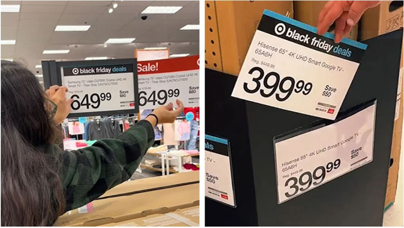 A person at Target showing that the black friday deal prices are the same as the everyday prices for two different TVs