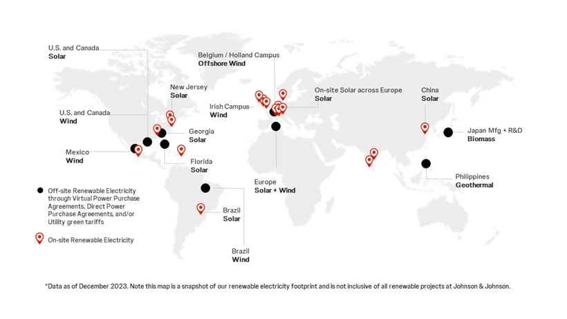 Map that is a snapshot of Johnson & Johnson's renewable electricity footprint